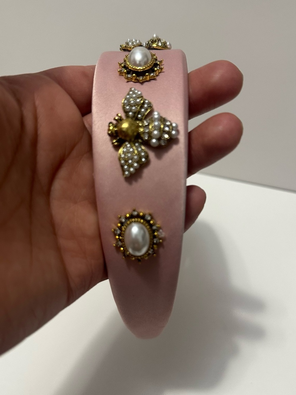 Pink Pearl & Gold Embellished Satin Headband